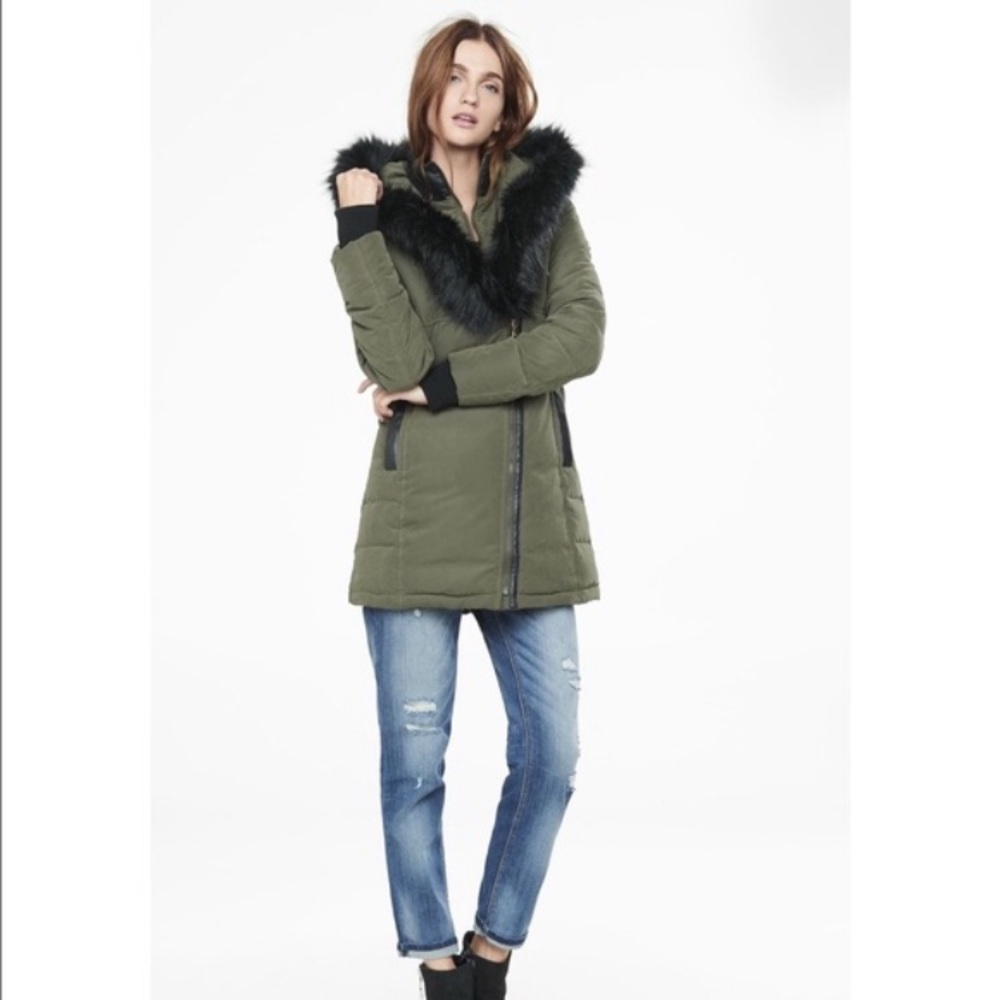 Express olive green extreme fur parka puffer coat